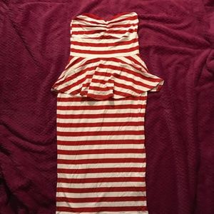 Red and white striped tubed peplum mini dress NWT